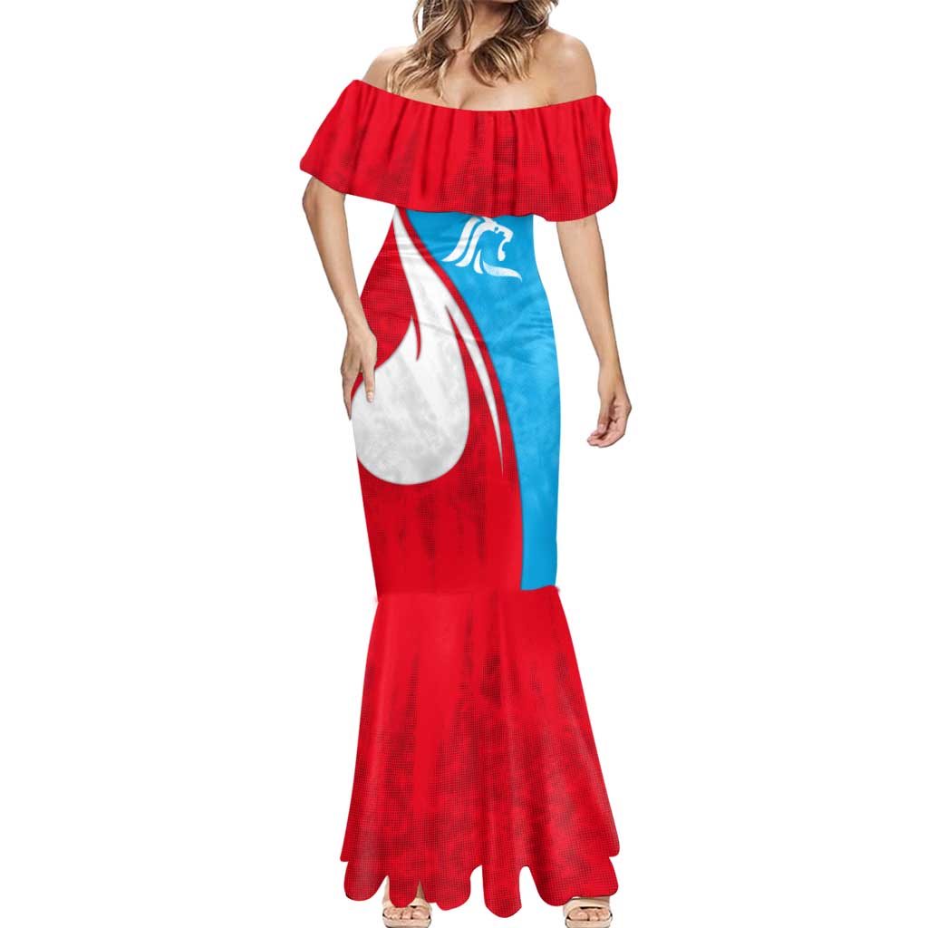 Luxembourg Mermaid Dress with National Flag Colors and White Lion Crest Design