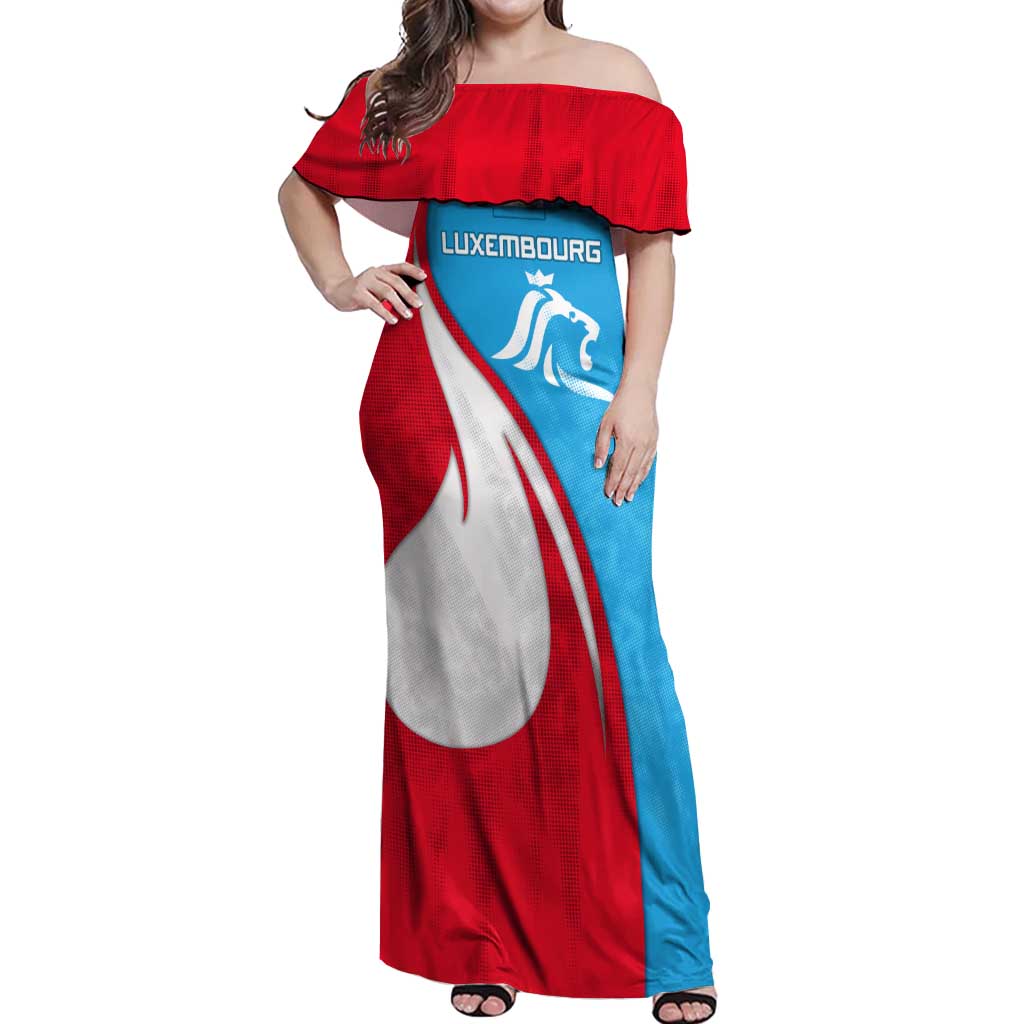 Luxembourg Off Shoulder Maxi Dress with National Flag Colors and White Lion Crest Design