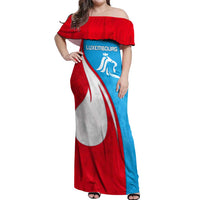 Luxembourg Off Shoulder Maxi Dress with National Flag Colors and White Lion Crest Design