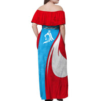 Luxembourg Off Shoulder Maxi Dress with National Flag Colors and White Lion Crest Design
