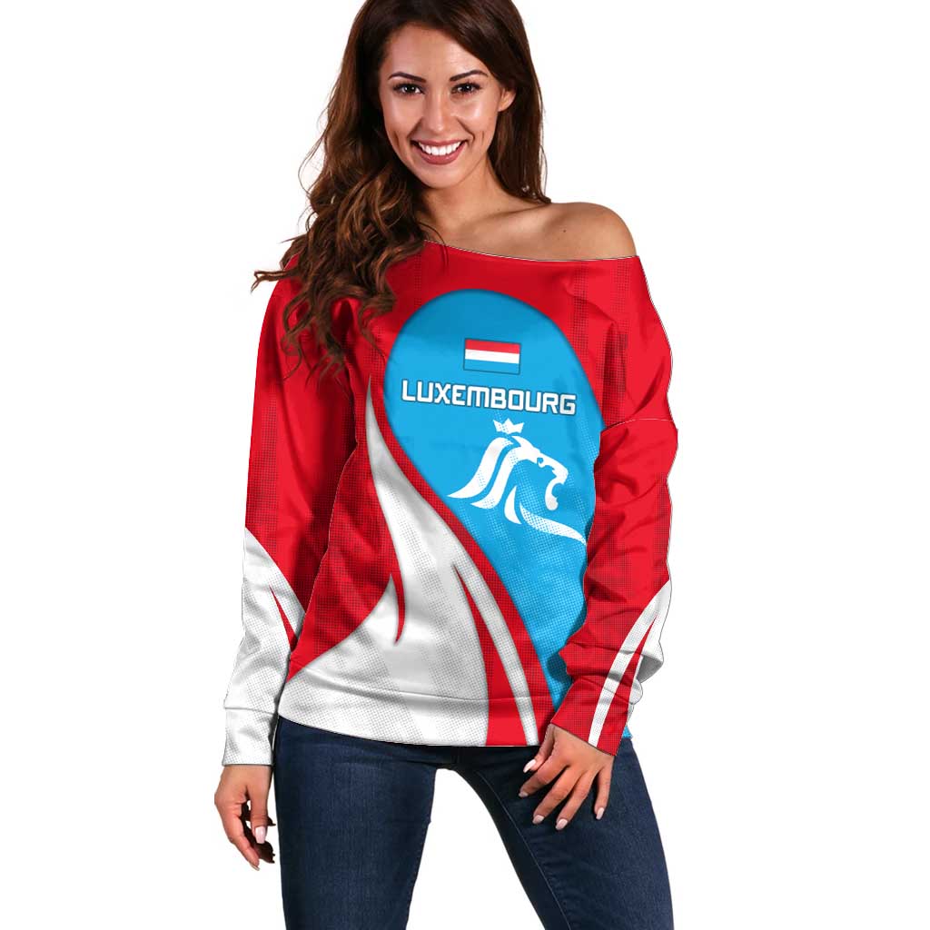 Luxembourg Off Shoulder Sweater with National Flag Colors and White Lion Crest Design