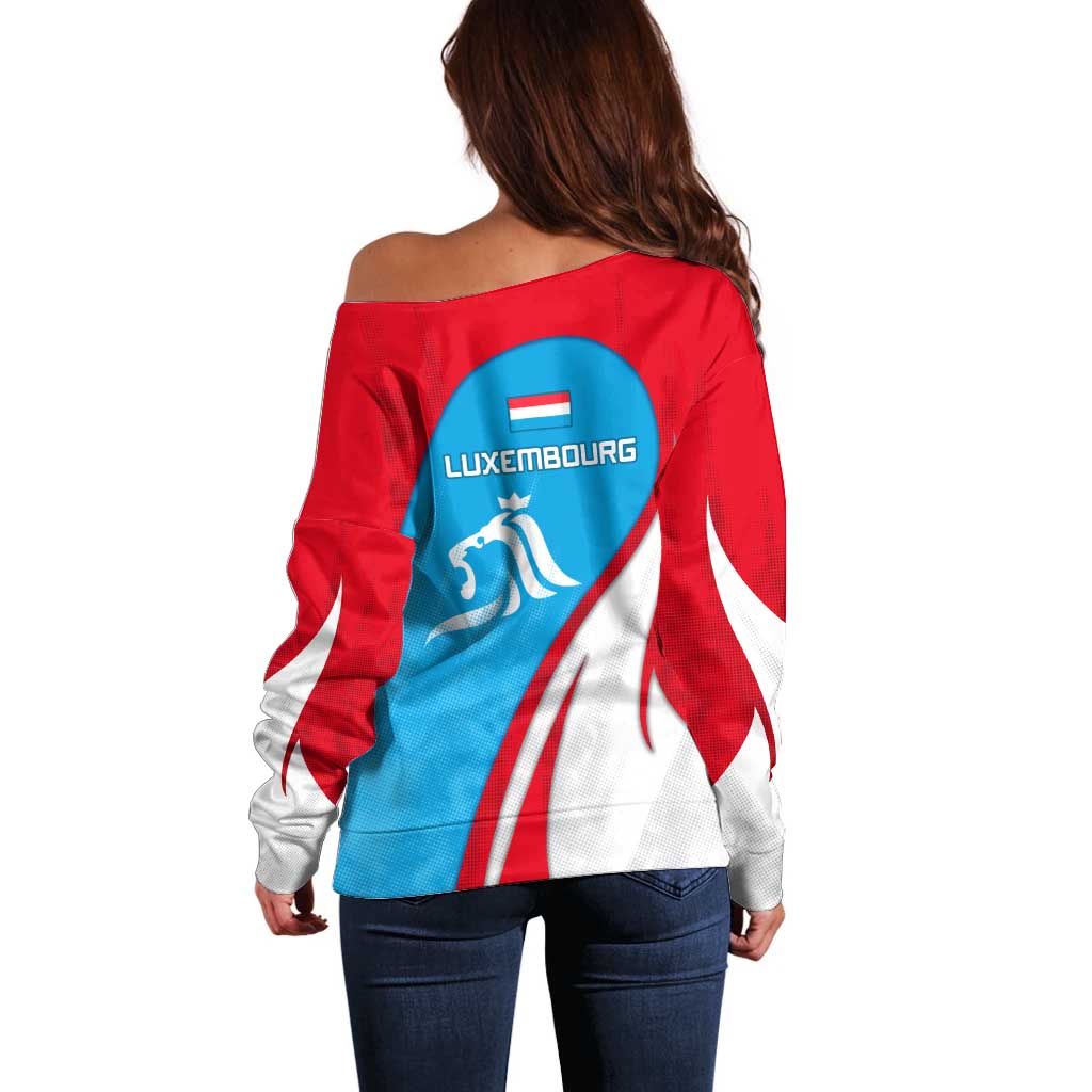 Luxembourg Off Shoulder Sweater with National Flag Colors and White Lion Crest Design