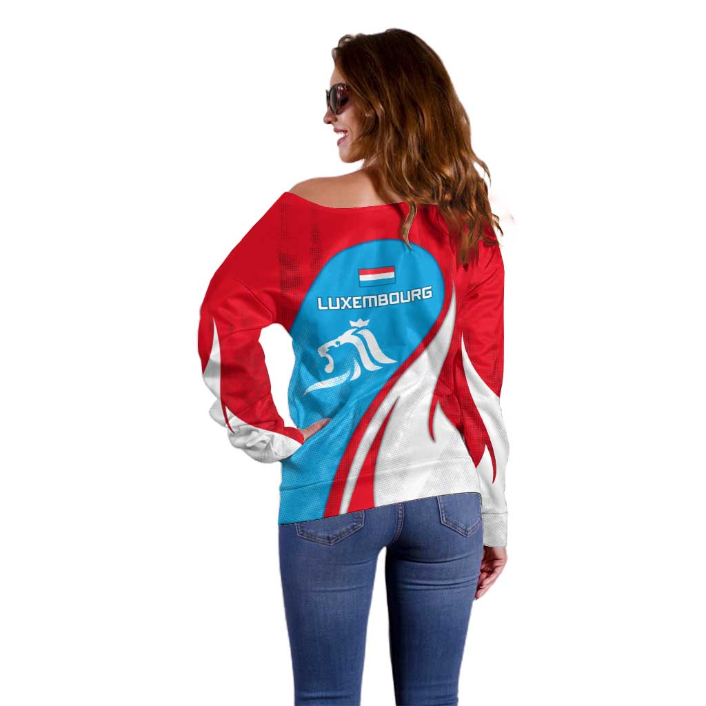 Luxembourg Off Shoulder Sweater with National Flag Colors and White Lion Crest Design