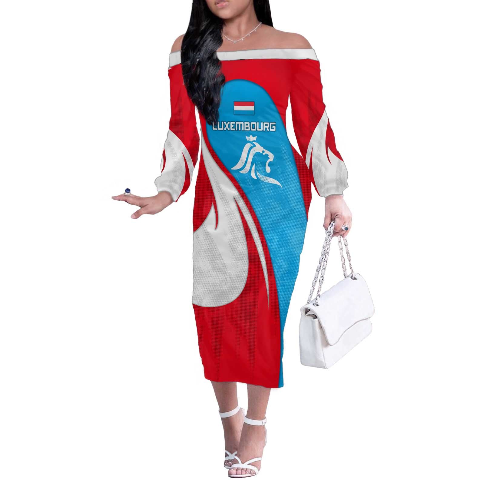 Luxembourg Off The Shoulder Long Sleeve Dress with National Flag Colors and White Lion Crest Design