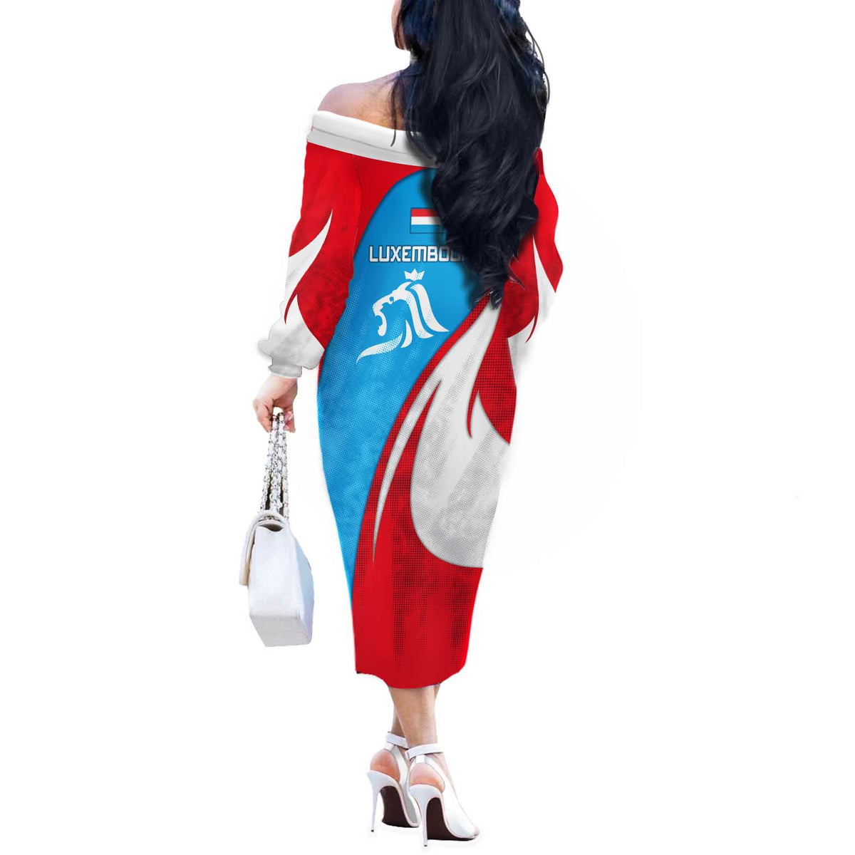 Luxembourg Off The Shoulder Long Sleeve Dress with National Flag Colors and White Lion Crest Design