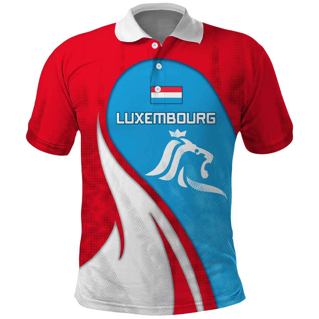 Luxembourg Polo Shirt with National Flag Colors and White Lion Crest Design