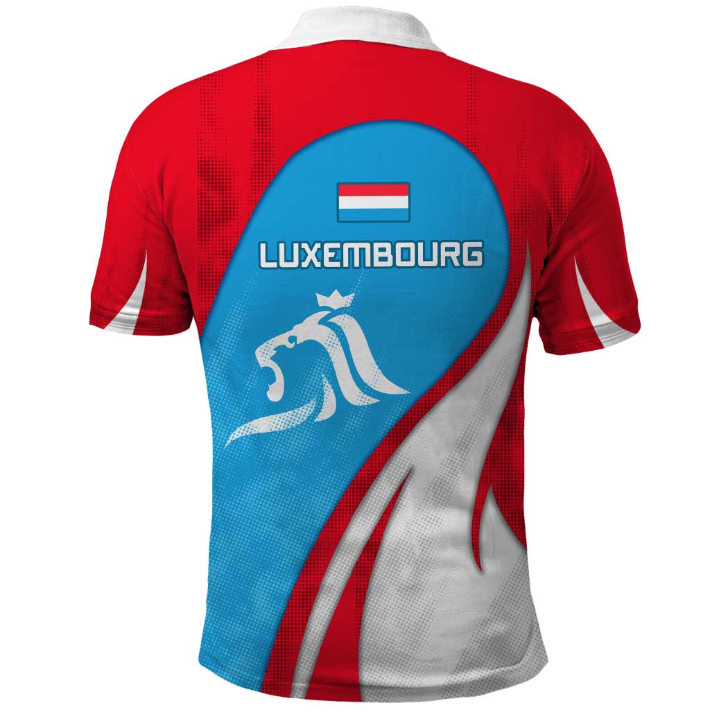 Luxembourg Polo Shirt with National Flag Colors and White Lion Crest Design