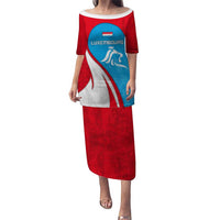 Luxembourg Puletasi with National Flag Colors and White Lion Crest Design