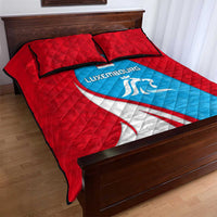 Luxembourg Quilt Bed Set with National Flag Colors and White Lion Crest Design