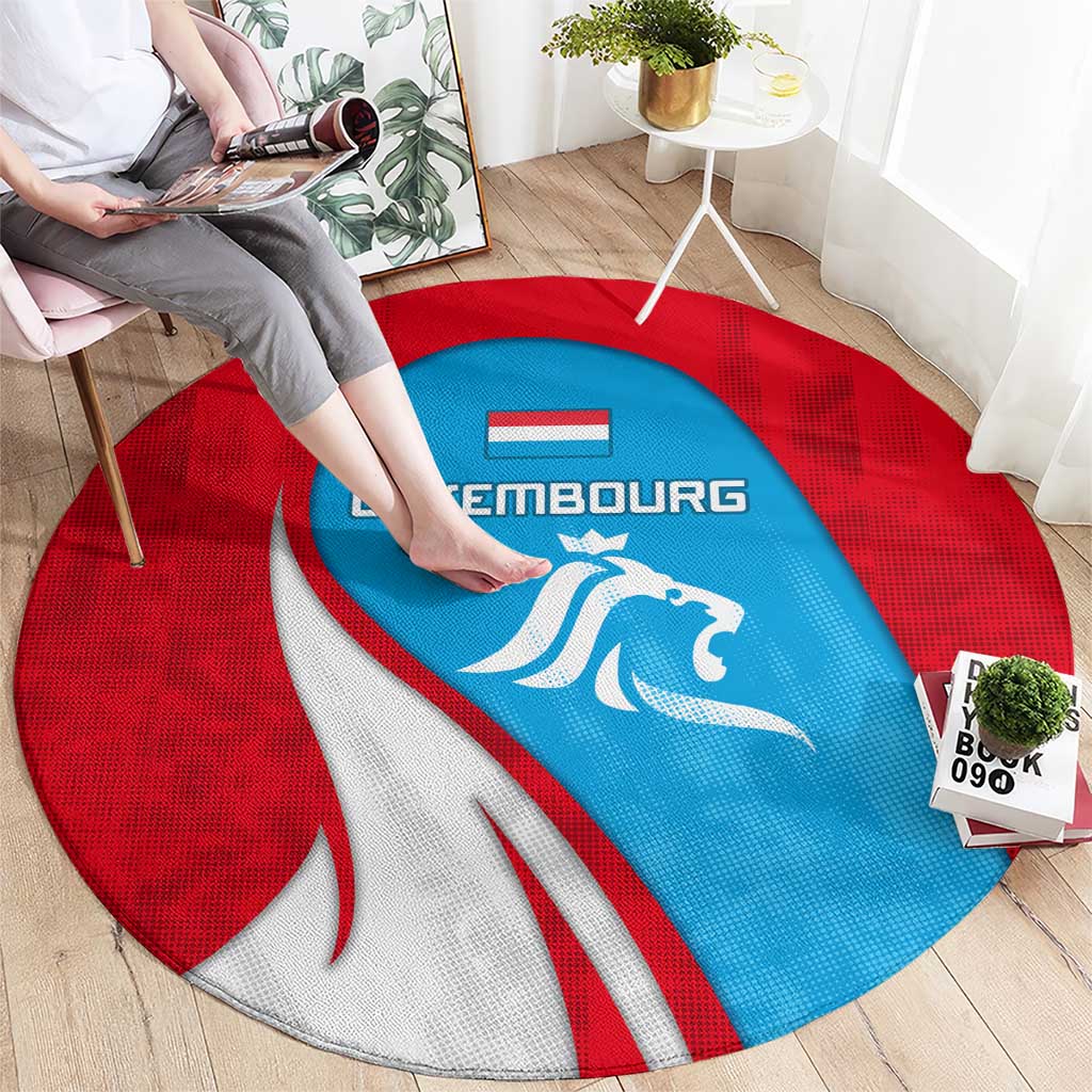 Luxembourg Round Carpet with National Flag Colors and White Lion Crest Design