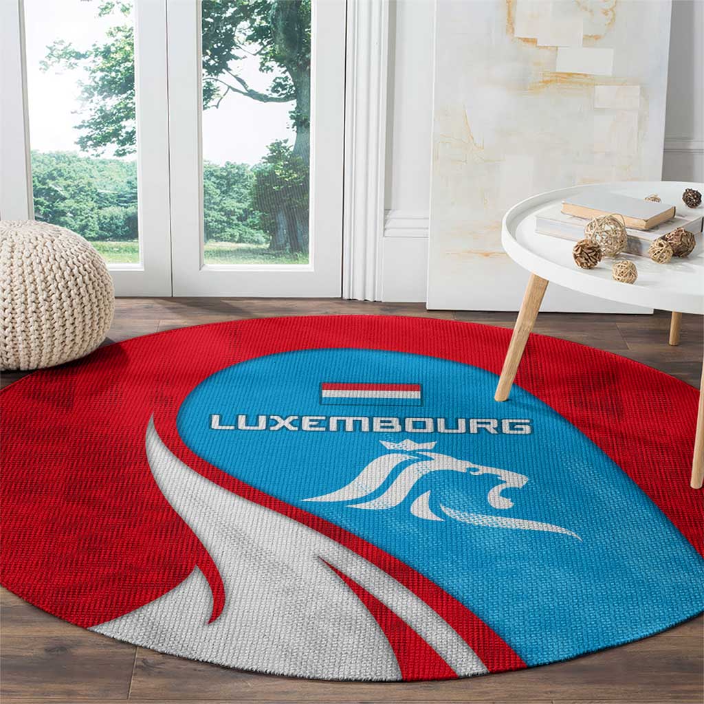 Luxembourg Round Carpet with National Flag Colors and White Lion Crest Design