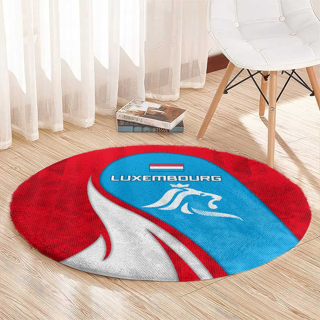 Luxembourg Round Carpet with National Flag Colors and White Lion Crest Design