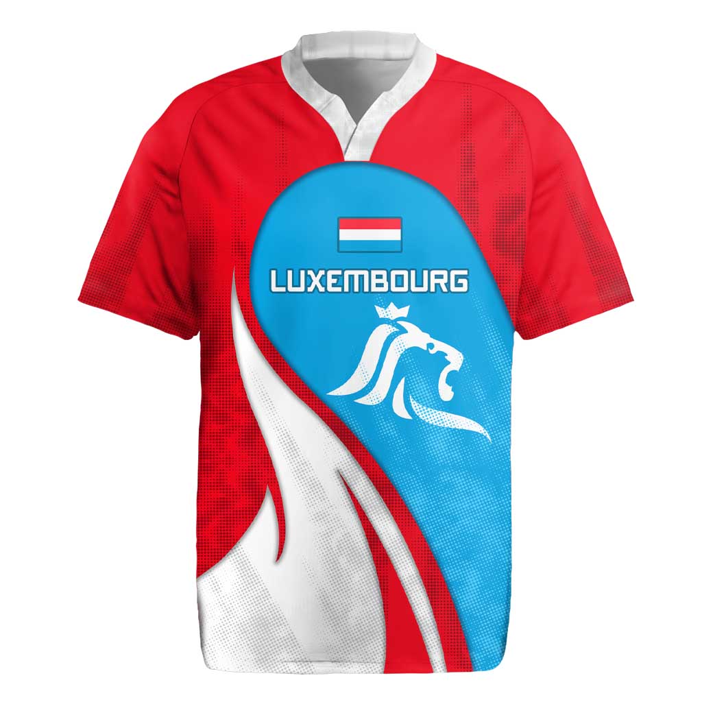 Luxembourg Rugby Jersey with National Flag Colors and White Lion Crest Design