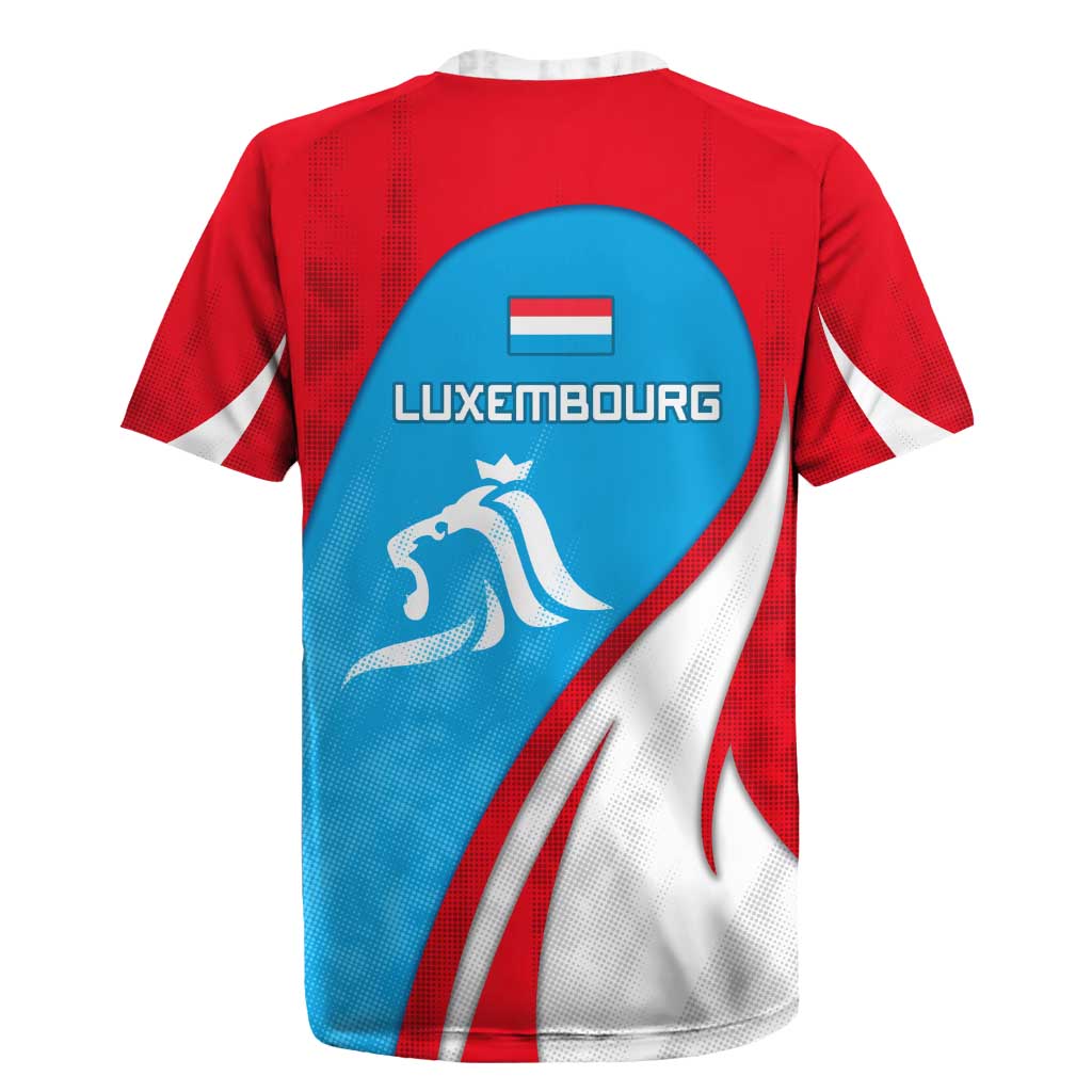 Luxembourg Rugby Jersey with National Flag Colors and White Lion Crest Design