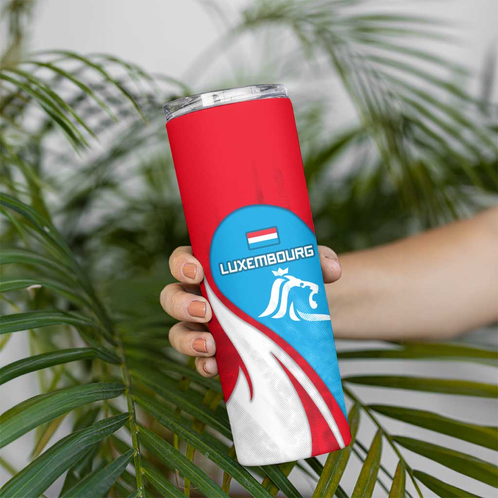Luxembourg Skinny Tumbler with National Flag Colors and White Lion Crest Design