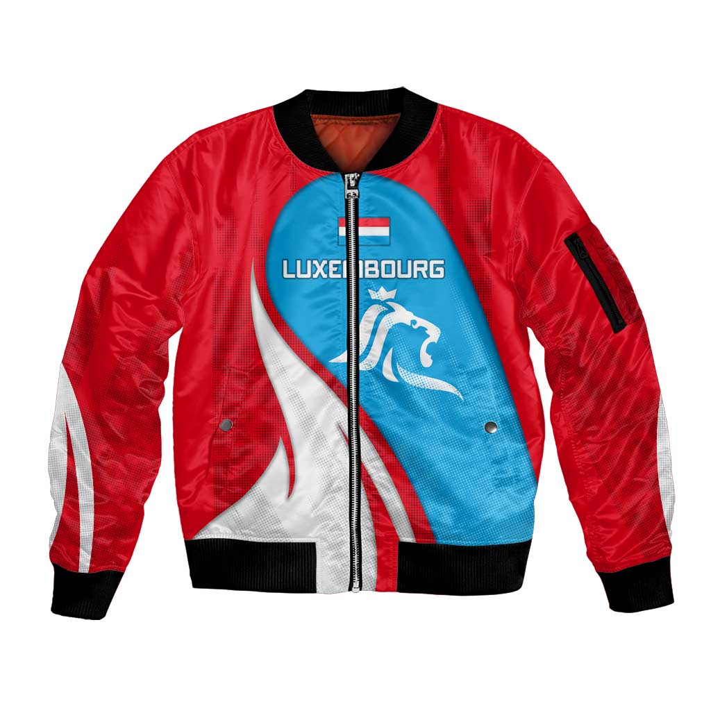 Luxembourg Sleeve Zip Bomber Jacket with National Flag Colors and White Lion Crest Design