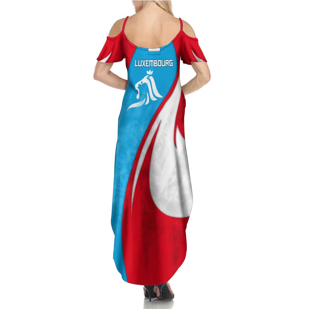 Luxembourg Summer Maxi Dress with National Flag Colors and White Lion Crest Design