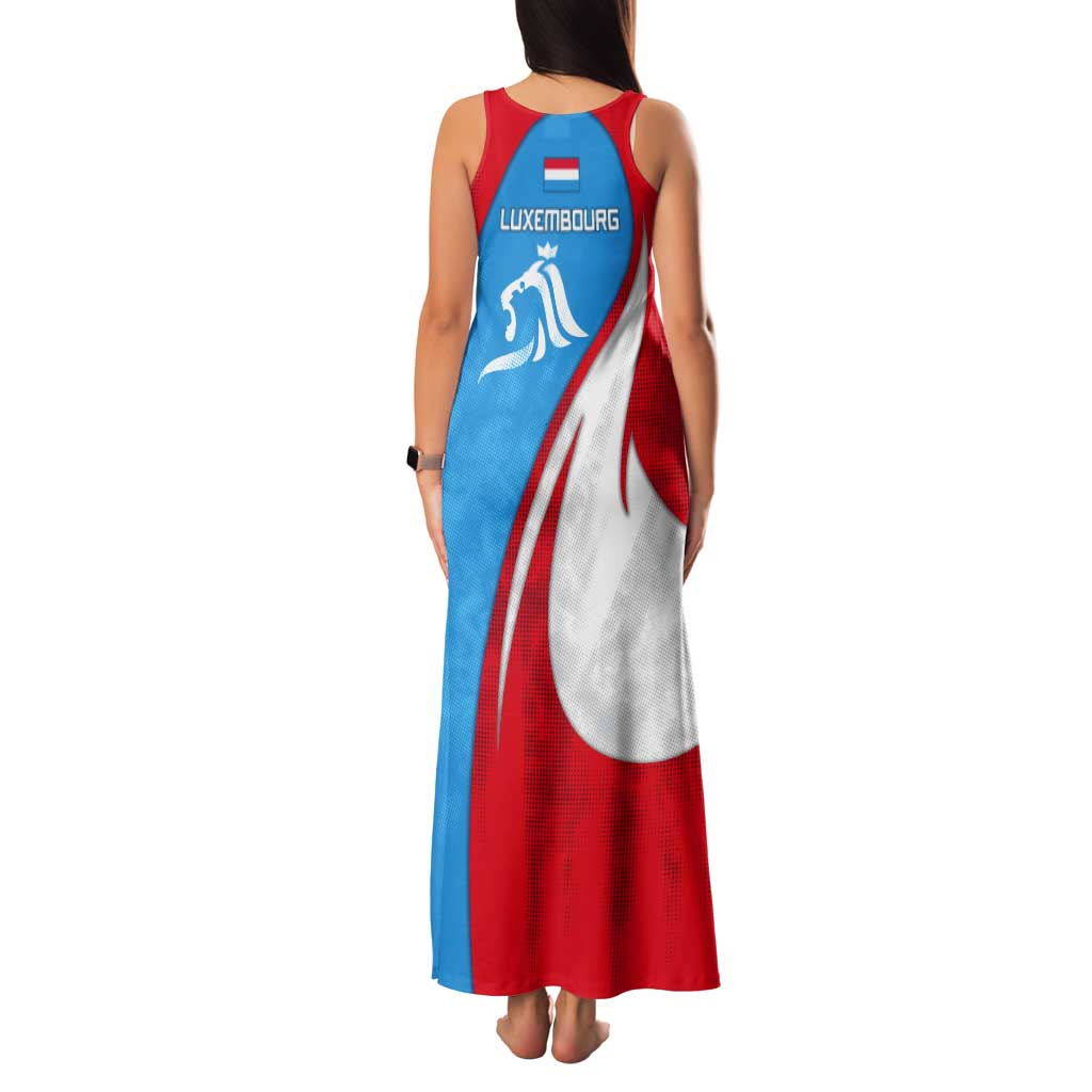Luxembourg Tank Maxi Dress with National Flag Colors and White Lion Crest Design