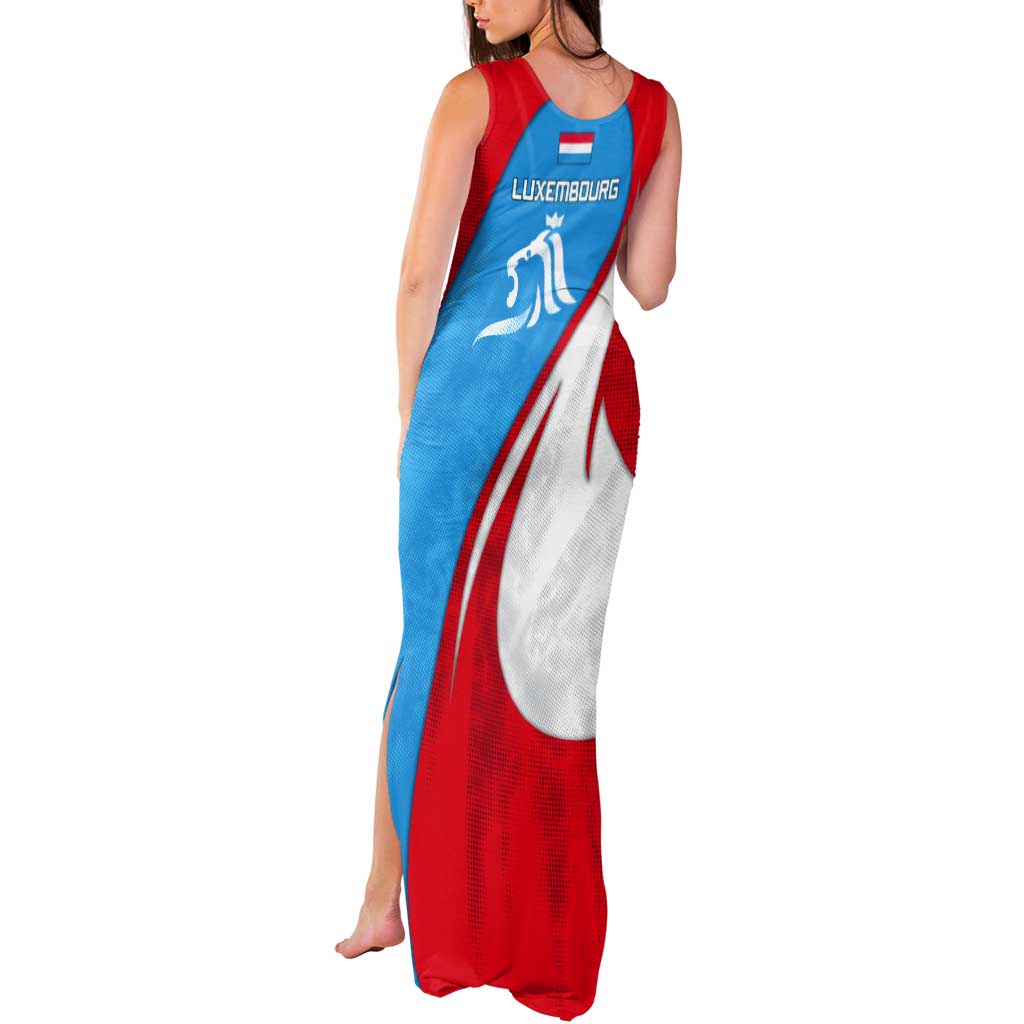 Luxembourg Tank Maxi Dress with National Flag Colors and White Lion Crest Design