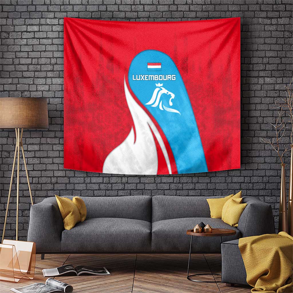 Luxembourg Tapestry with National Flag Colors and White Lion Crest Design