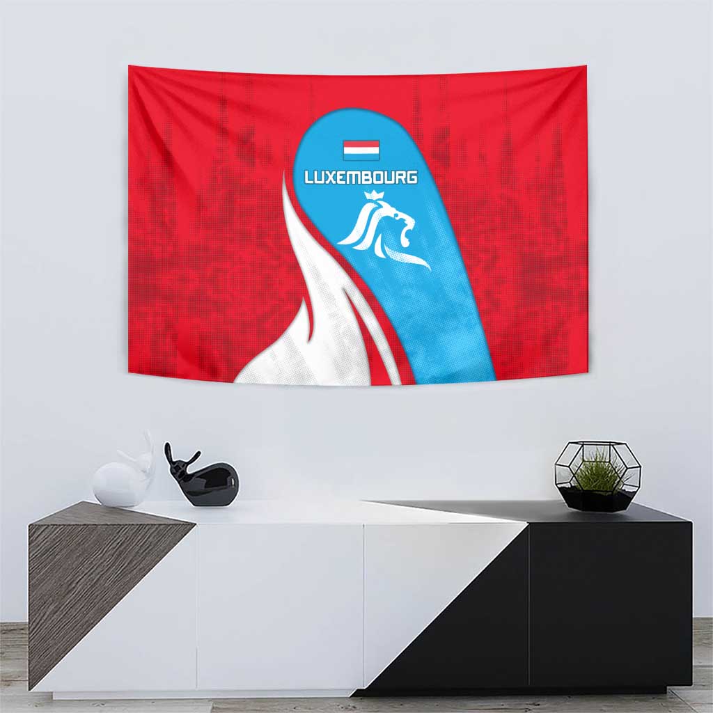 Luxembourg Tapestry with National Flag Colors and White Lion Crest Design