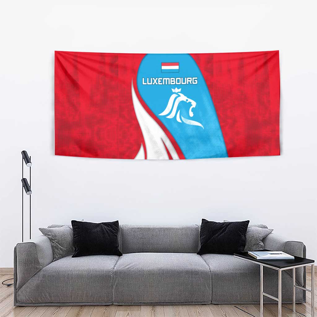 Luxembourg Tapestry with National Flag Colors and White Lion Crest Design