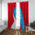 Luxembourg Window Curtain with National Flag Colors and White Lion Crest Design