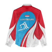 Luxembourg Women Casual Shirt with National Flag Colors and White Lion Crest Design