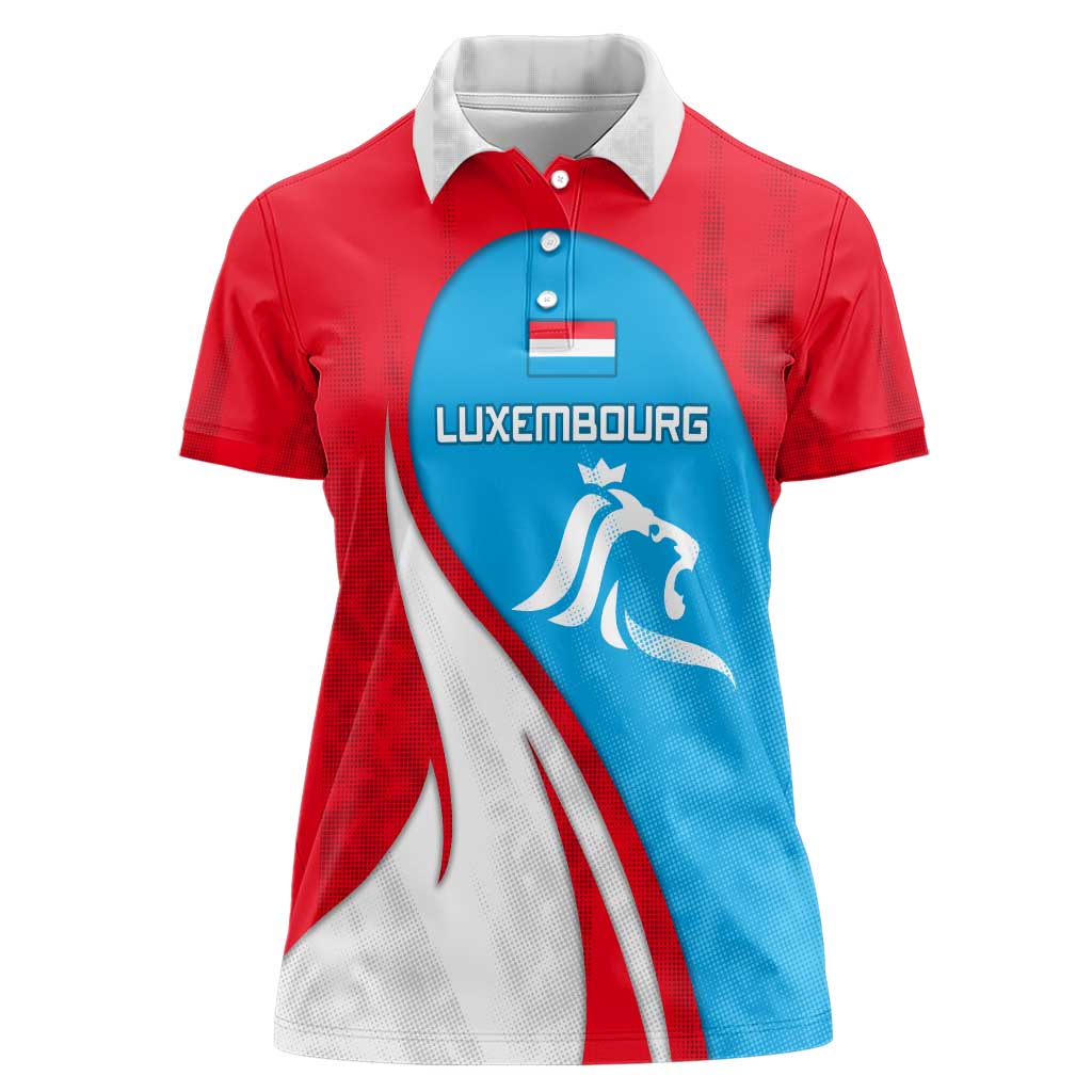 Luxembourg Women Polo Shirt with National Flag Colors and White Lion Crest Design