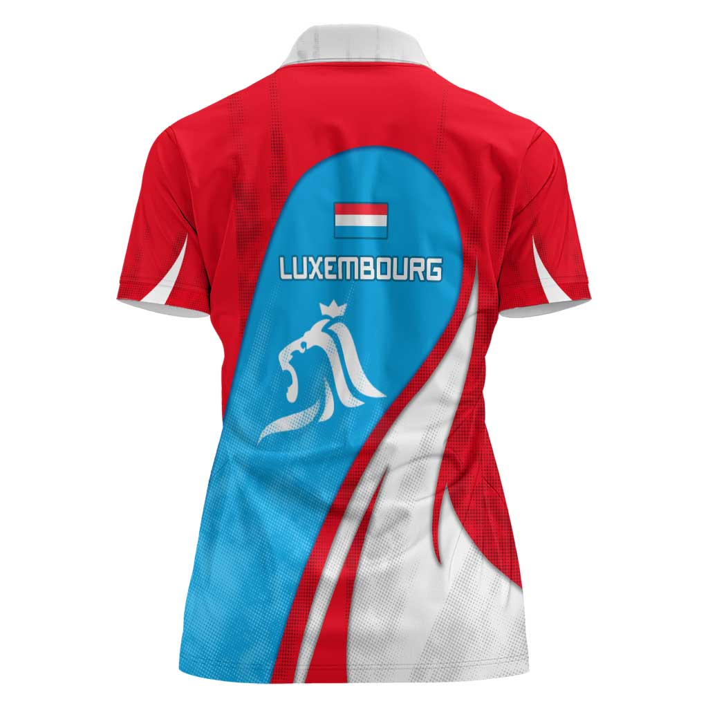 Luxembourg Women Polo Shirt with National Flag Colors and White Lion Crest Design