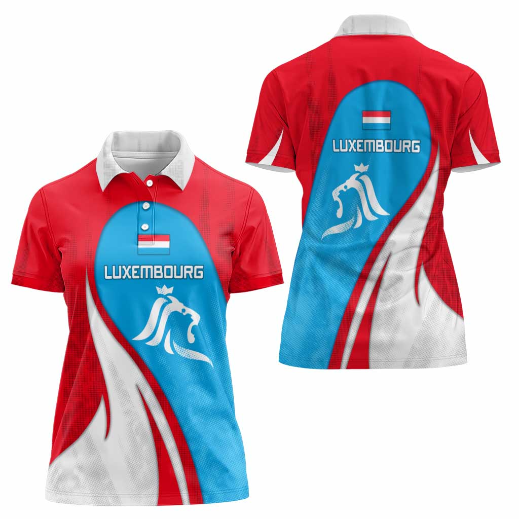 Luxembourg Women Polo Shirt with National Flag Colors and White Lion Crest Design