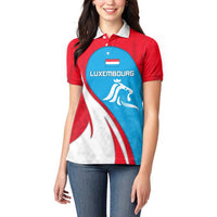 Luxembourg Women Polo Shirt with National Flag Colors and White Lion Crest Design