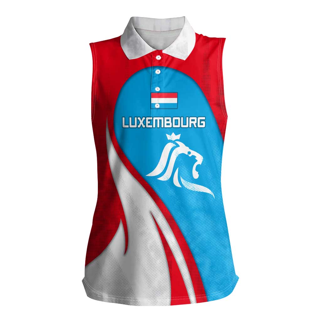 Luxembourg Women Sleeveless Polo Shirt with National Flag Colors and White Lion Crest Design