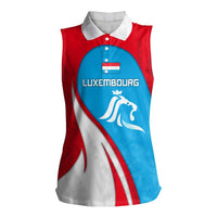 Luxembourg Women Sleeveless Polo Shirt with National Flag Colors and White Lion Crest Design