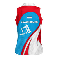 Luxembourg Women Sleeveless Polo Shirt with National Flag Colors and White Lion Crest Design