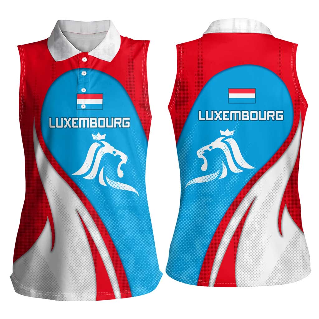 Luxembourg Women Sleeveless Polo Shirt with National Flag Colors and White Lion Crest Design