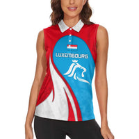 Luxembourg Women Sleeveless Polo Shirt with National Flag Colors and White Lion Crest Design