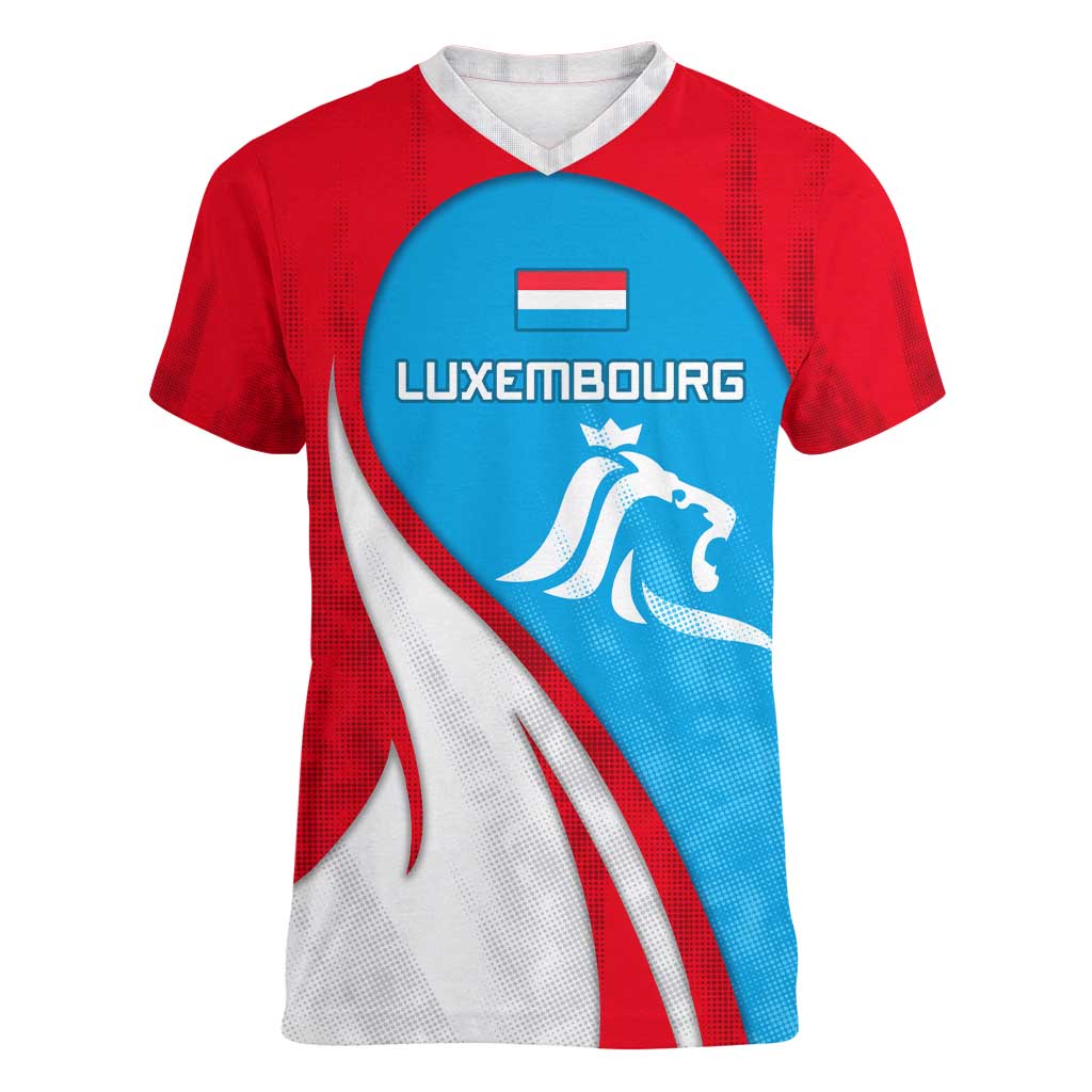 Luxembourg Women V-Neck T-Shirt with National Flag Colors and White Lion Crest Design