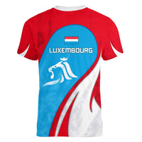 Luxembourg Women V-Neck T-Shirt with National Flag Colors and White Lion Crest Design