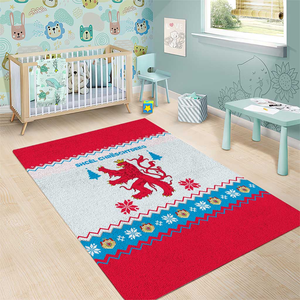 Luxembourg Christmas Area Rug with Red Lion Crest and Snowflake Pattern