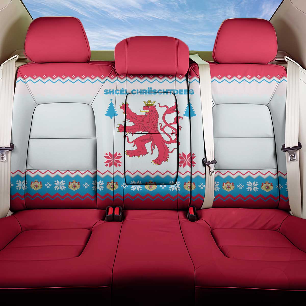 Luxembourg Christmas Back Car Seat Cover with Red Lion Crest and Snowflake Pattern