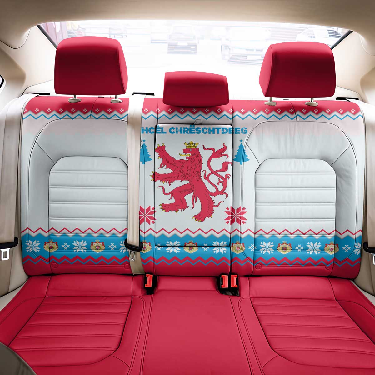 Luxembourg Christmas Back Car Seat Cover with Red Lion Crest and Snowflake Pattern