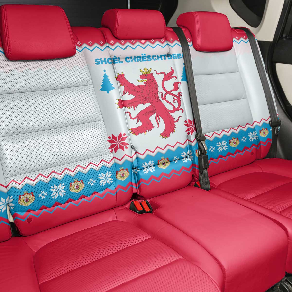 Luxembourg Christmas Back Car Seat Cover with Red Lion Crest and Snowflake Pattern