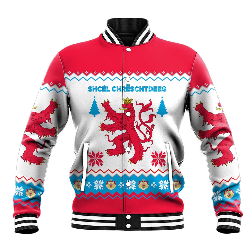 Luxembourg Christmas Baseball Jacket with Red Lion Crest and Snowflake Pattern
