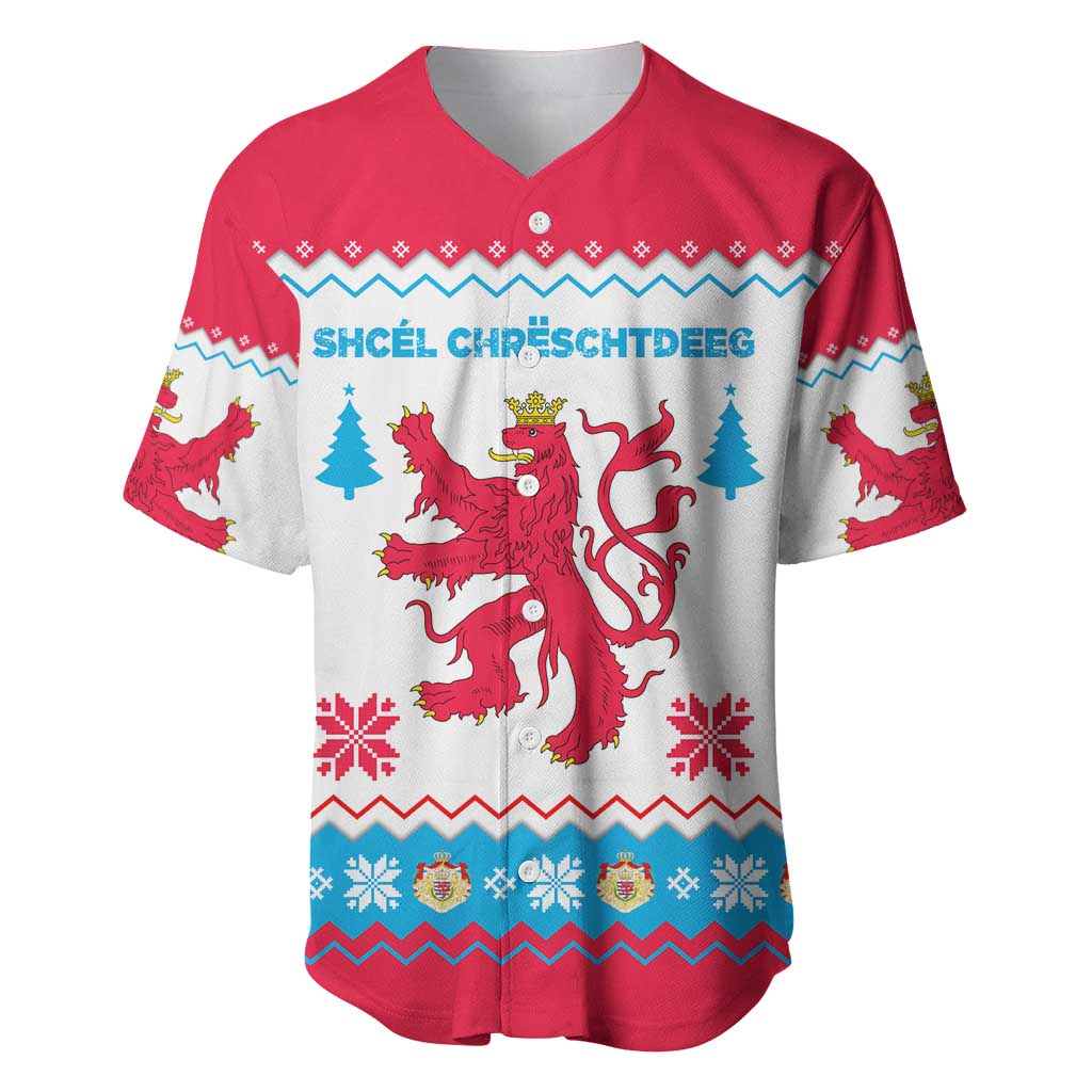 Luxembourg Christmas Baseball Jersey with Red Lion Crest and Snowflake Pattern