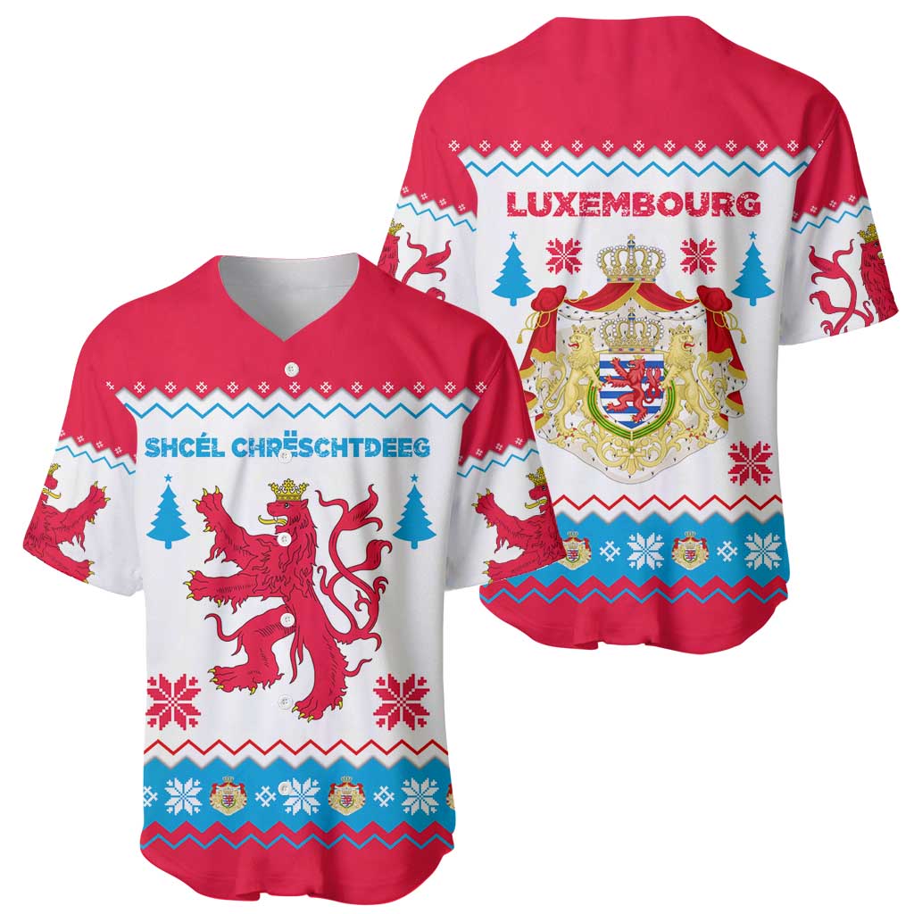 Luxembourg Christmas Baseball Jersey with Red Lion Crest and Snowflake Pattern