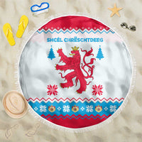 Luxembourg Christmas Beach Blanket with Red Lion Crest and Snowflake Pattern