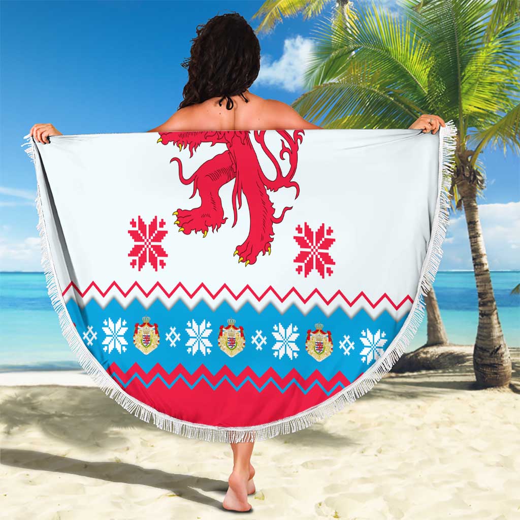 Luxembourg Christmas Beach Blanket with Red Lion Crest and Snowflake Pattern