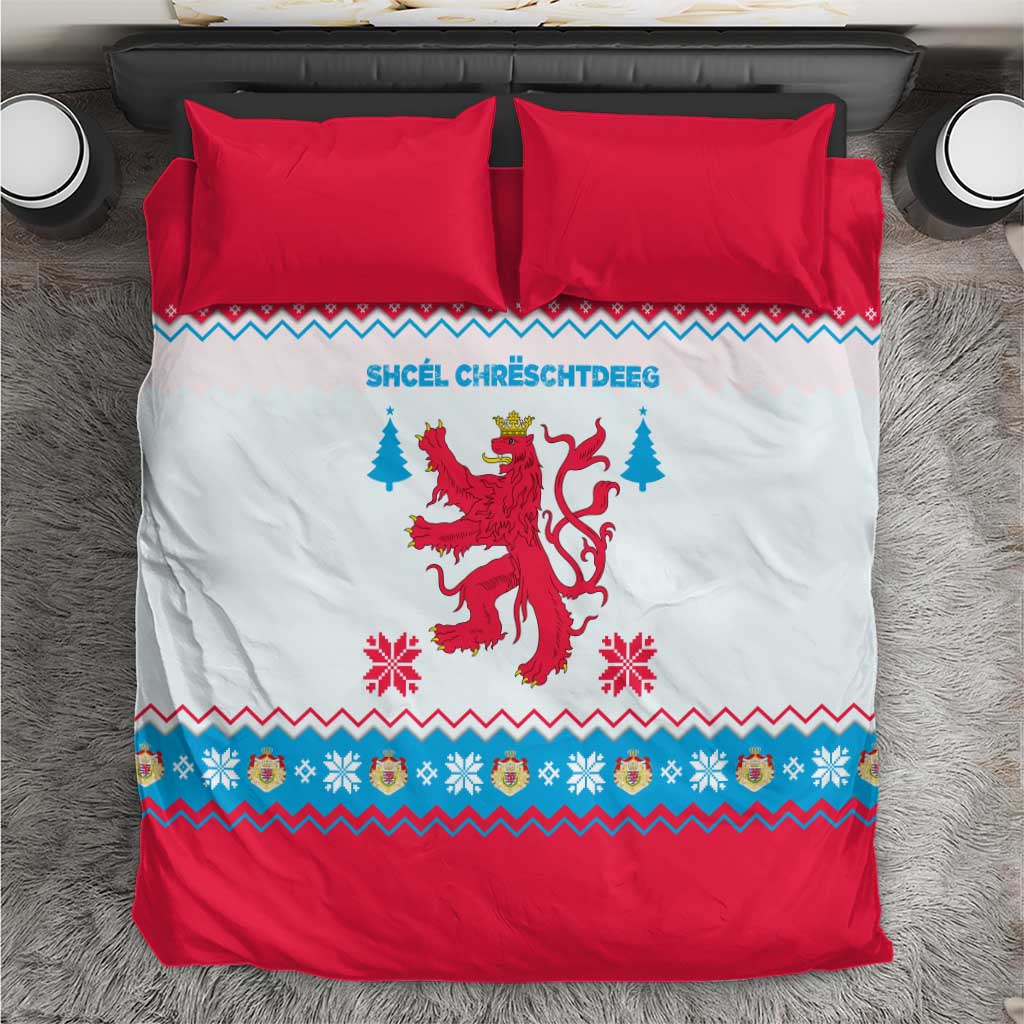Luxembourg Christmas Bedding Set with Red Lion Crest and Snowflake Pattern