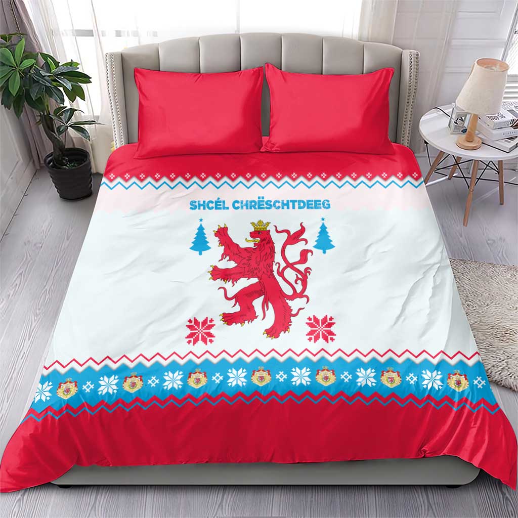 Luxembourg Christmas Bedding Set with Red Lion Crest and Snowflake Pattern